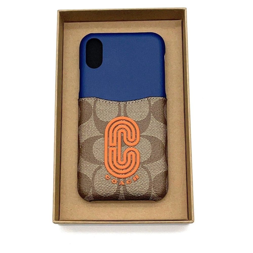 Coach Signature Phone Case iPhone X XS Canvas Blue Tan Patch C Logo Colorblock